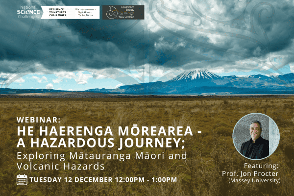 A moody volcanic landscape featuring Mt Ngāruhoe and the title: "WEBINAR: He Haerenga Mōrearea – A Hazardous Journey"