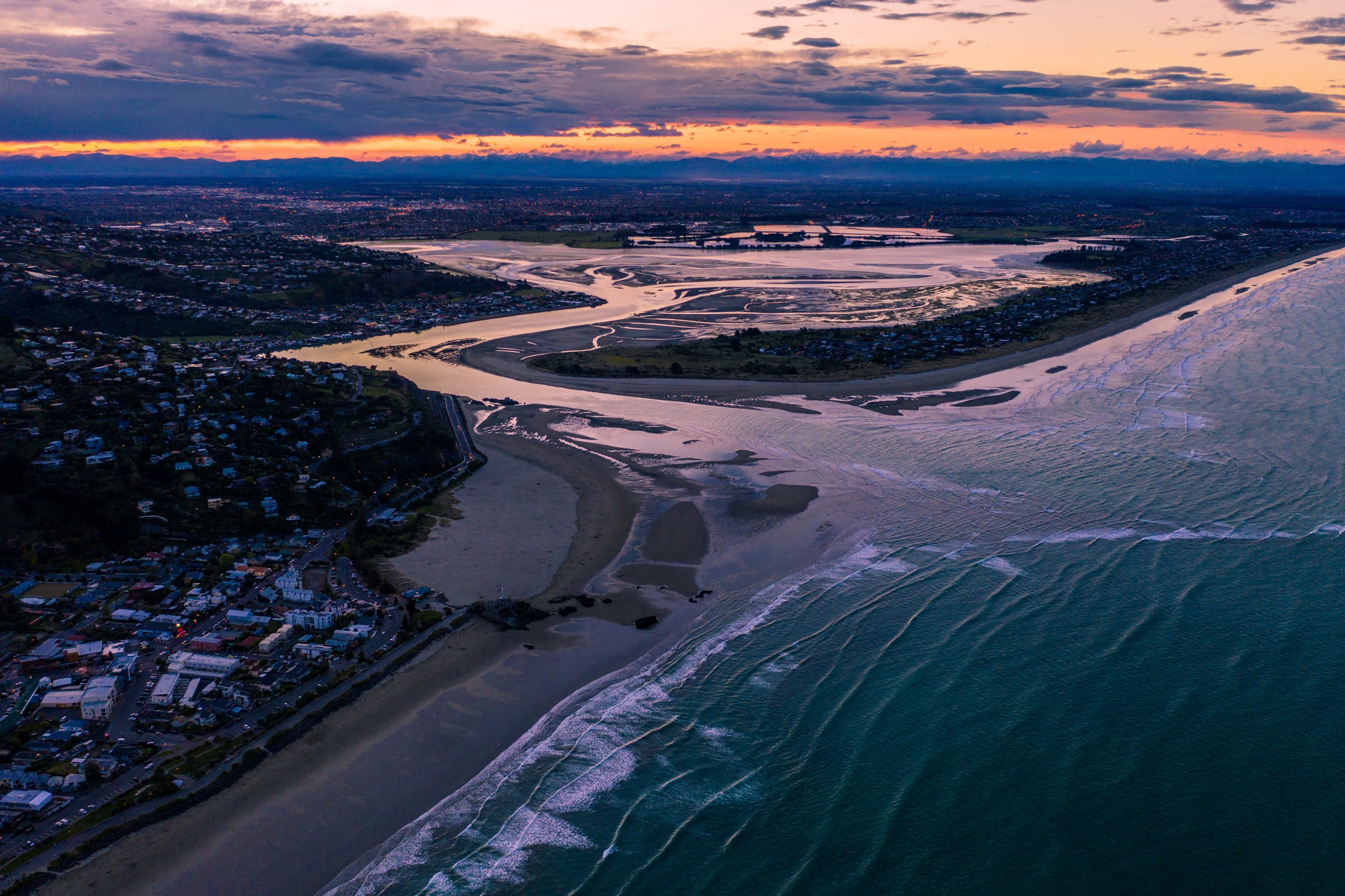 Aerial view of the Avon-Heathcote estuary in Christchurch at sunset
